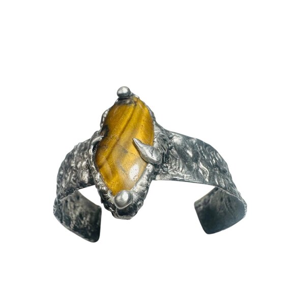 Handcrafted Brutalist Silver Bracelet W Tigers Eye Cabochon Stone Adjustable Fit - Picture 4 of 13